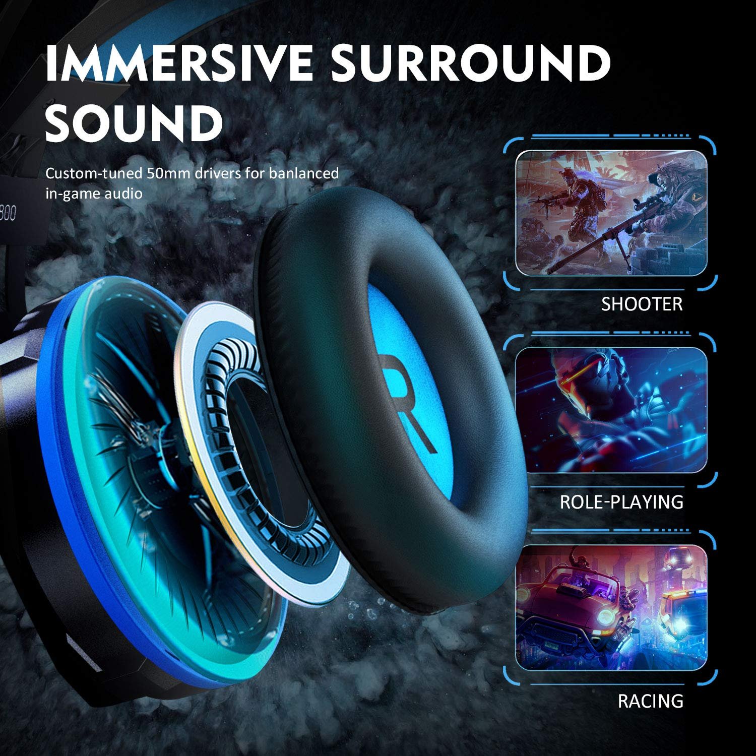 EKSA E800 Wired Over Ear Gaming Headphones with Noise Cancelling Mic, 50mm Drivers & LED Light for PC, Mobile, Tablets, Laptop, PS4, PS5, Xbox One, Nintendo Switch, VR with mic - Image 4