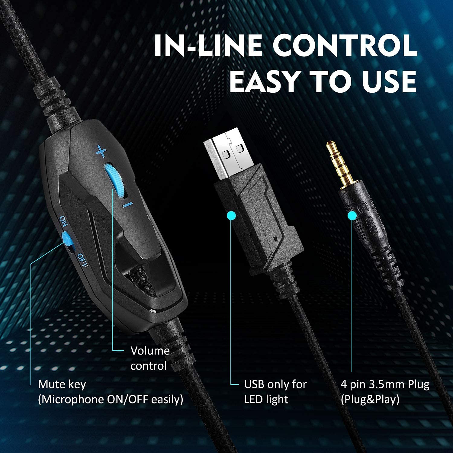 EKSA E800 Wired Over Ear Gaming Headphones with Noise Cancelling Mic, 50mm Drivers & LED Light for PC, Mobile, Tablets, Laptop, PS4, PS5, Xbox One, Nintendo Switch, VR with mic - Image 3