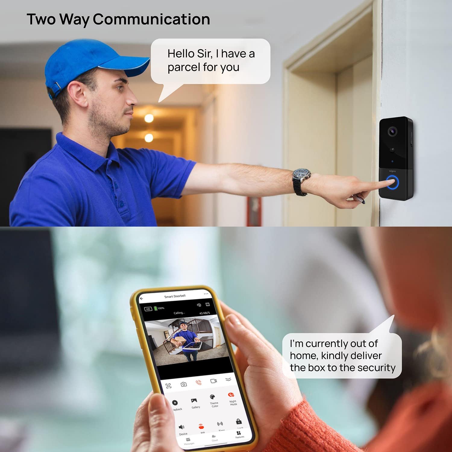 Wipro Smart Wireless Doorbell | 2 MP 1080p Full HD Camera with Night Vision | AI Smart Motion Detection | Two-Way Communication | Wireless Chime with 52 Tunes | IP65 Protection | Black - Image 5