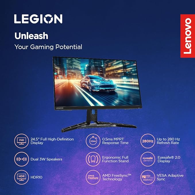 Lenovo Legion-R25f-30 | 25 Inch (63.50cm) | FHD 240Hz Gaming Monitor | 0.5ms, AMD FreeSync, 99% sRGB, 90% DCI-P3, 3Wx2 Speaker, 2xHDMI, 1xDP| Tilt, Swivel, Pivot, Height Adjust Stand | Black - Image 3