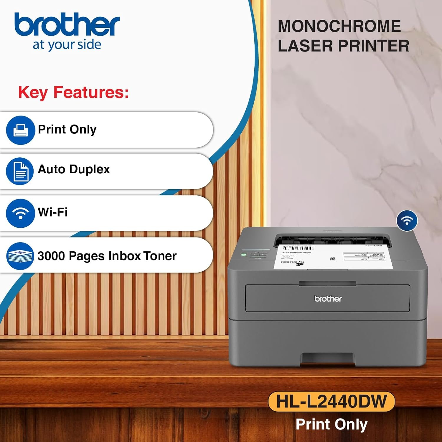 Brother HL-L2440DW (New Launch) Auto Duplex Laser Printer, 30 PPM Print Speed, LCD Display, 64 MB Memory, (WiFi WiFi Direct LAN USB), 250 Sheet Paper Tray, 3000 Pages Inbox Toner, Free Installation - Image 4