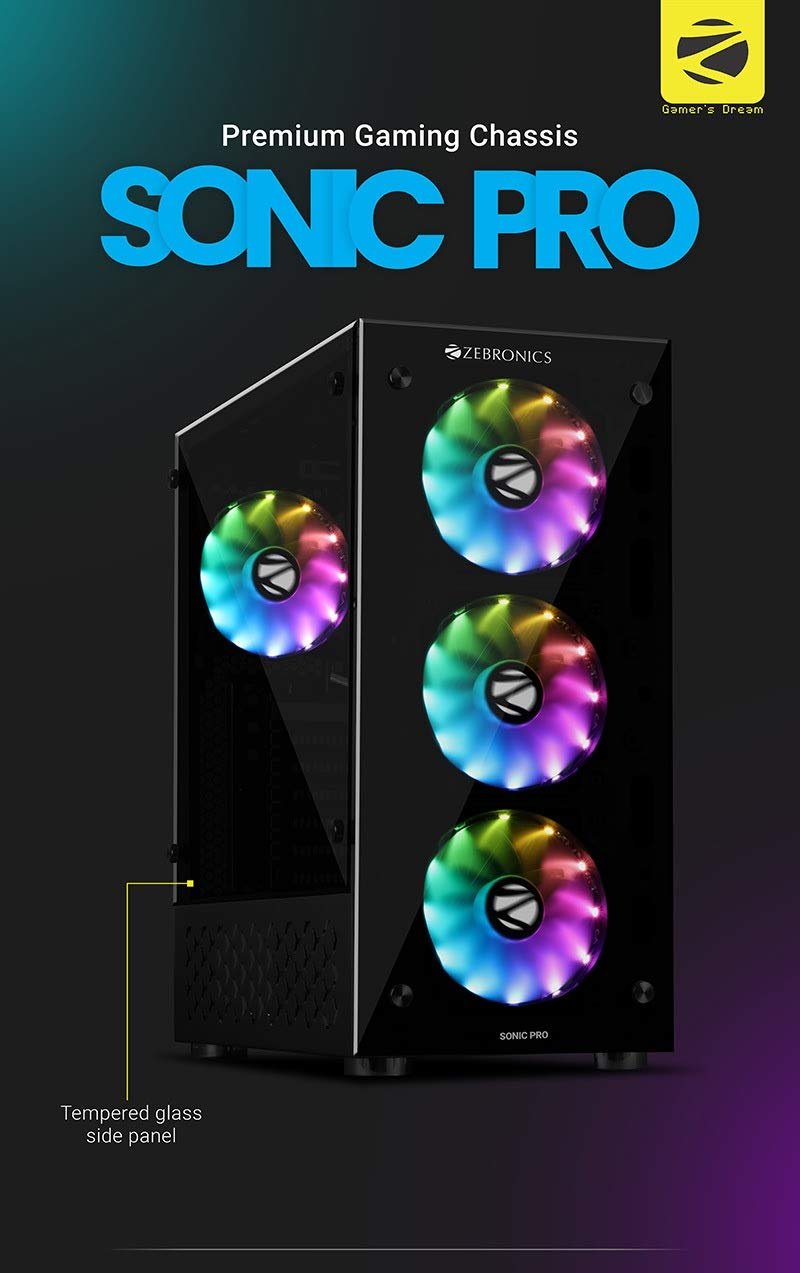 ZEBRONICS ZEB-SONIC PRO PREMIUM GAMING CABINET COMES WITH TEMPERED GLASS FRONT & SIDE PANEL,120MM REAR & FRONT RGB LED FAN