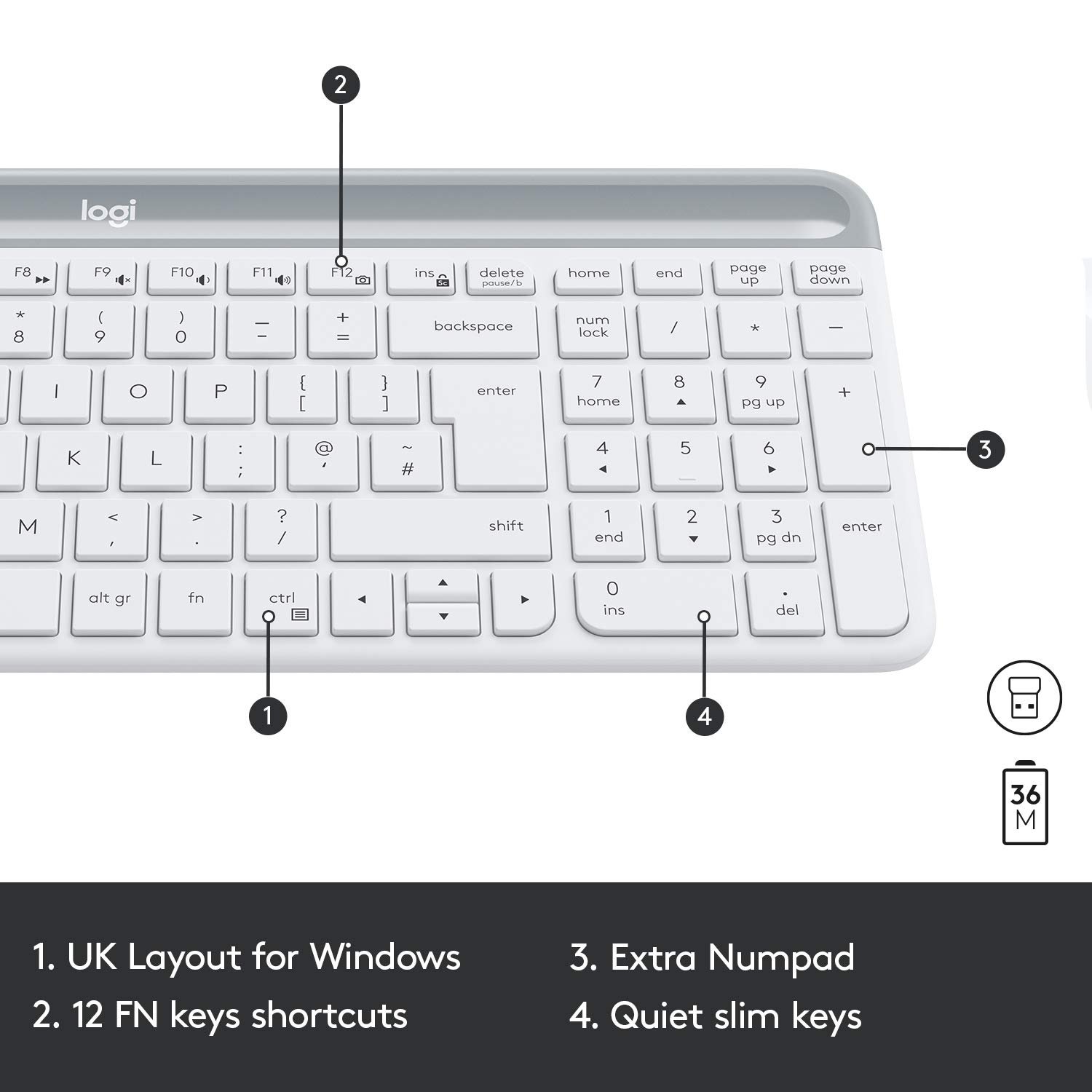 Logitech MK470 Slim Wireless Keyboard and Mouse Combo - Modern Compact Layout, Ultra Quiet, 2.4 GHz USB Receiver, Plug n' Play Connectivity, Compatible with Windows - White - Image 2